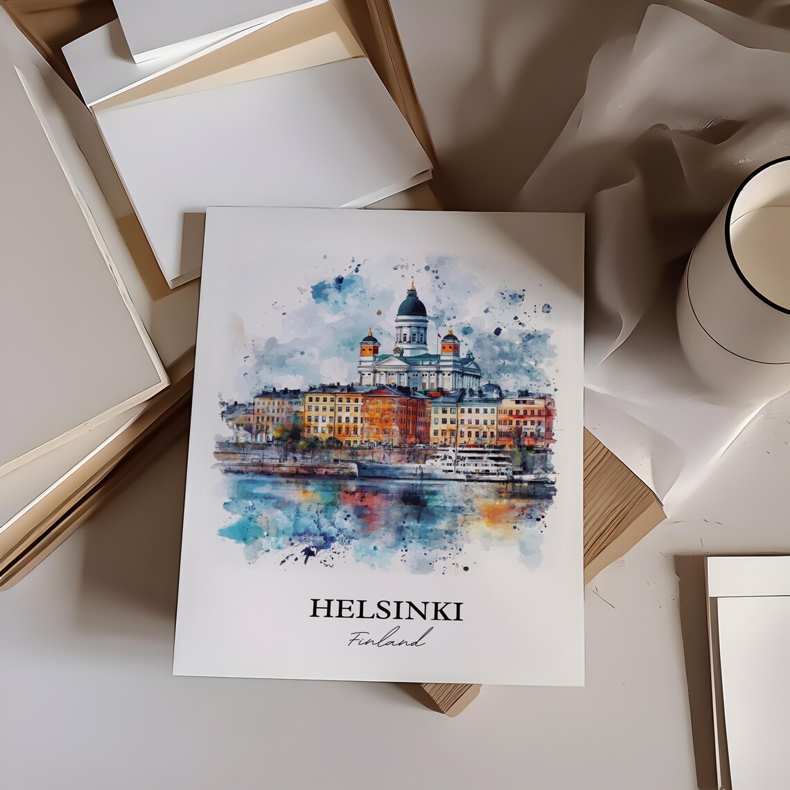 Helsinki Finland Cathedral Harbor Waterfront Watercolor City Poster - Image 3