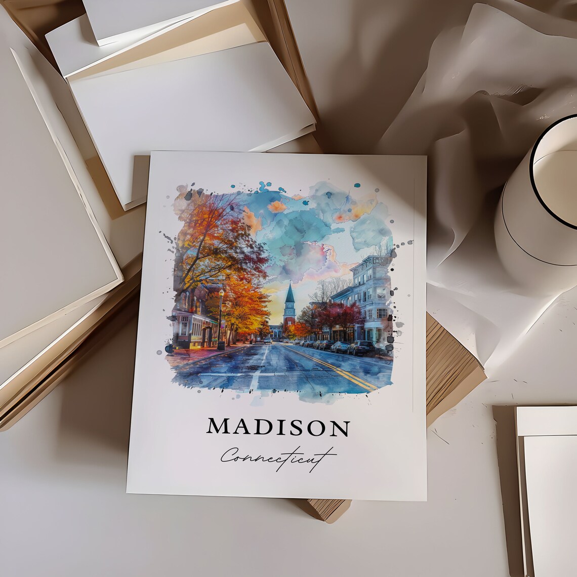 Madison Connecticut Watercolor Autumn Main Street Scene Poster - Image 5
