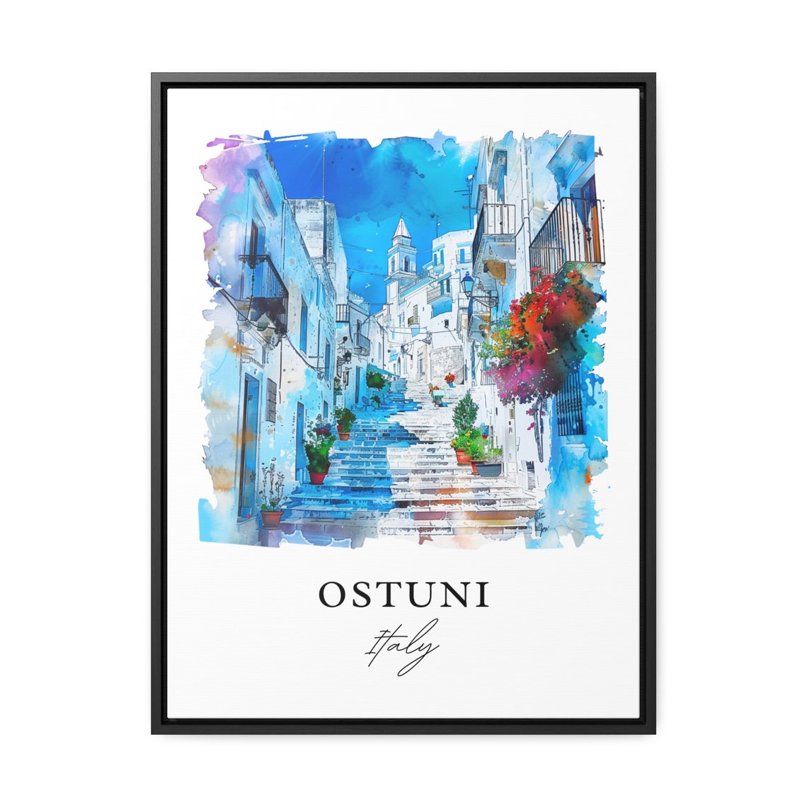 Ostuni Italy Whitewashed Hill Town Steps Watercolor Travel Poster - Image 3