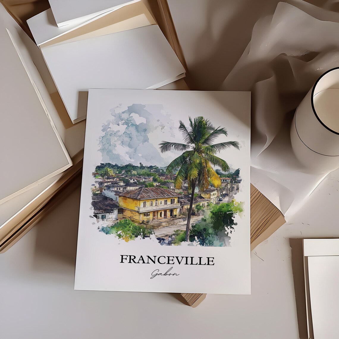 Franceville Gabon African Watercolor Town Palm Tree Art Poster - Image 3
