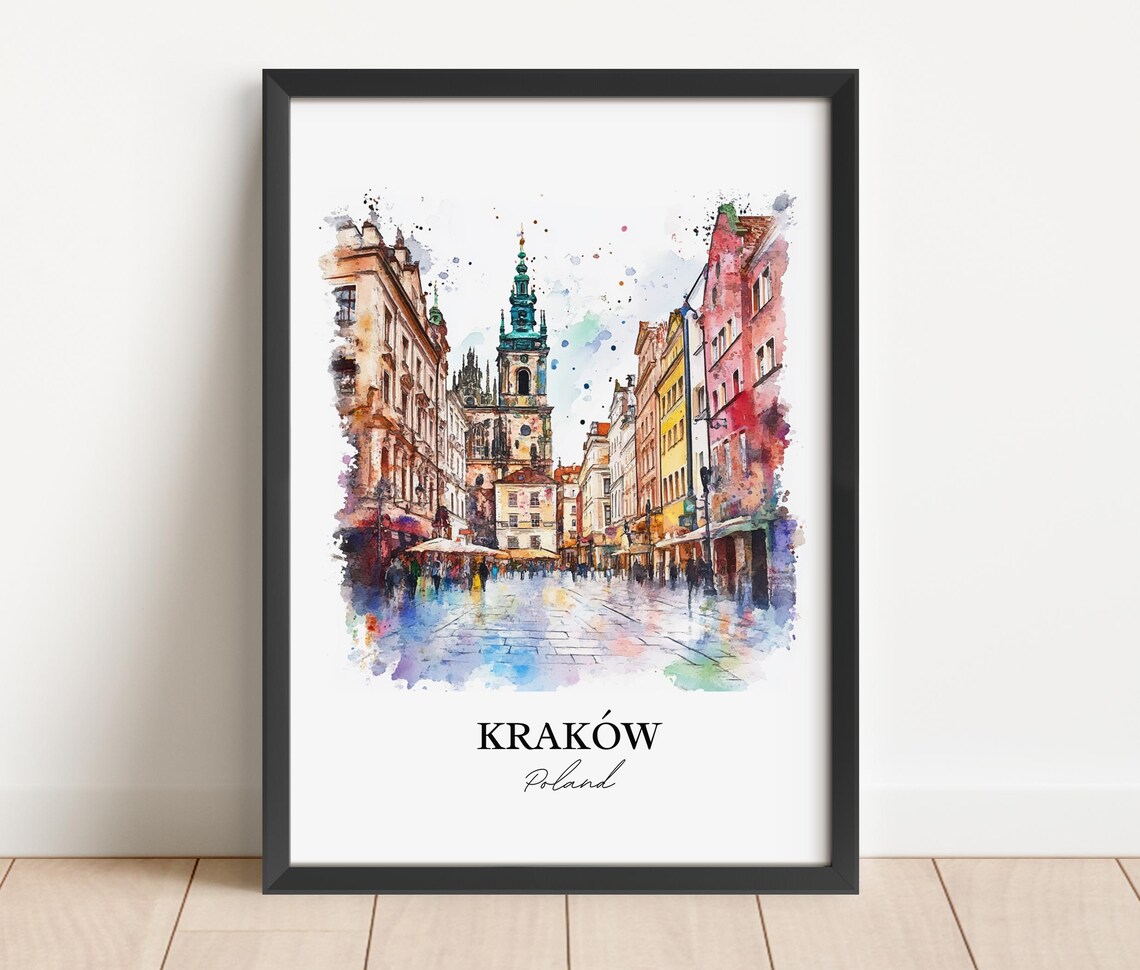 Krakow Poland Old Town Church Square Watercolor Travel Poster - Image 3