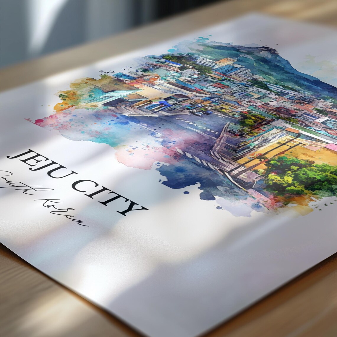 Jeju City South Korea Mountain City Watercolor Travel Poster - Image 6