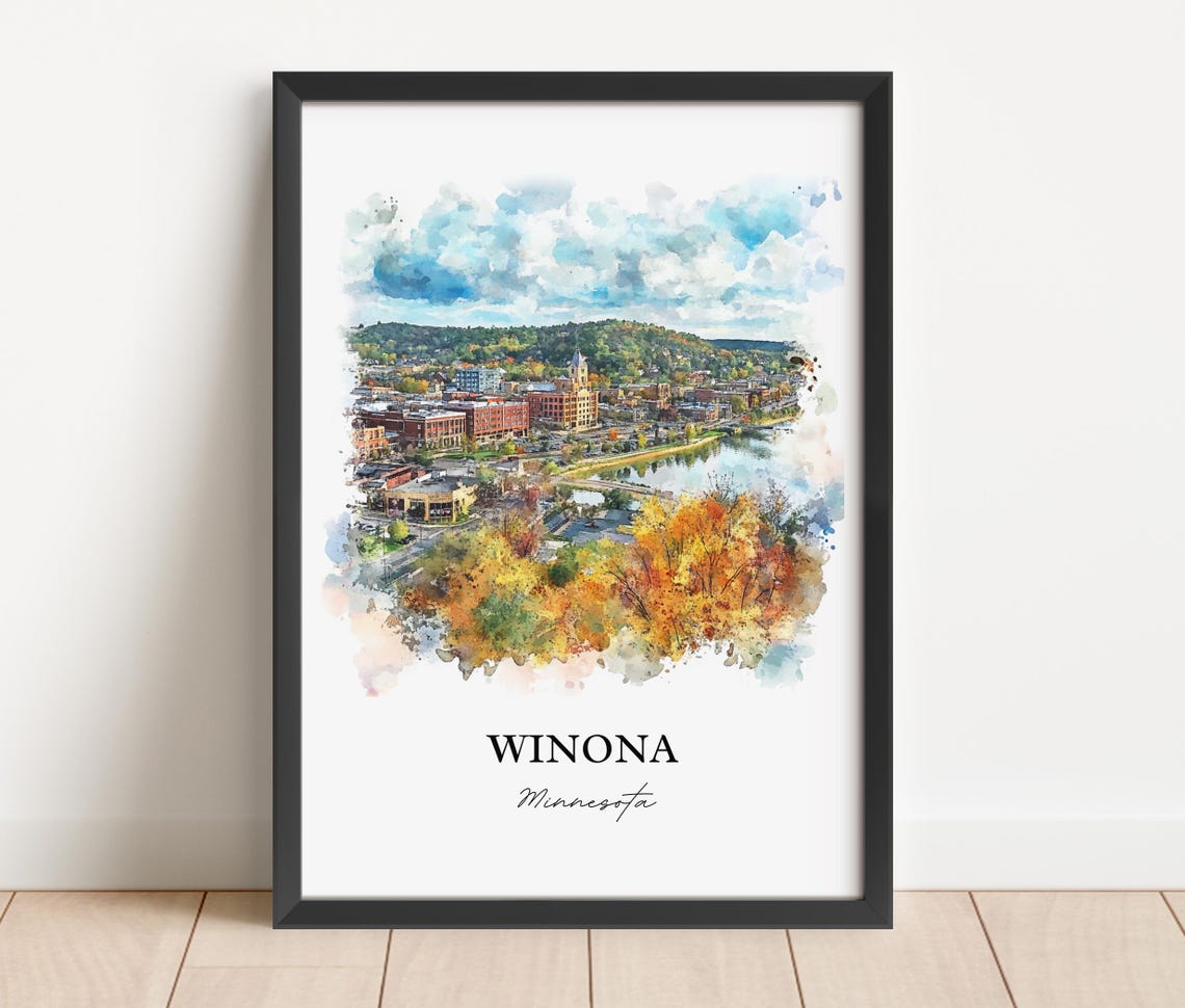 Winona Minnesota River Town Autumn Bluffs Watercolor Art Poster - Image 3