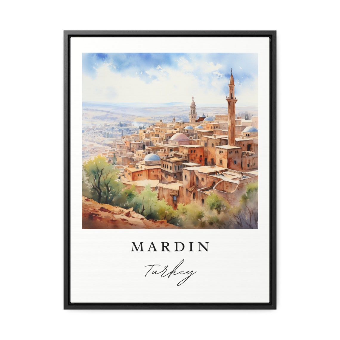 Mardin Turkey Watercolor Hilltop Old City Minarets Panorama Poster - Image 2