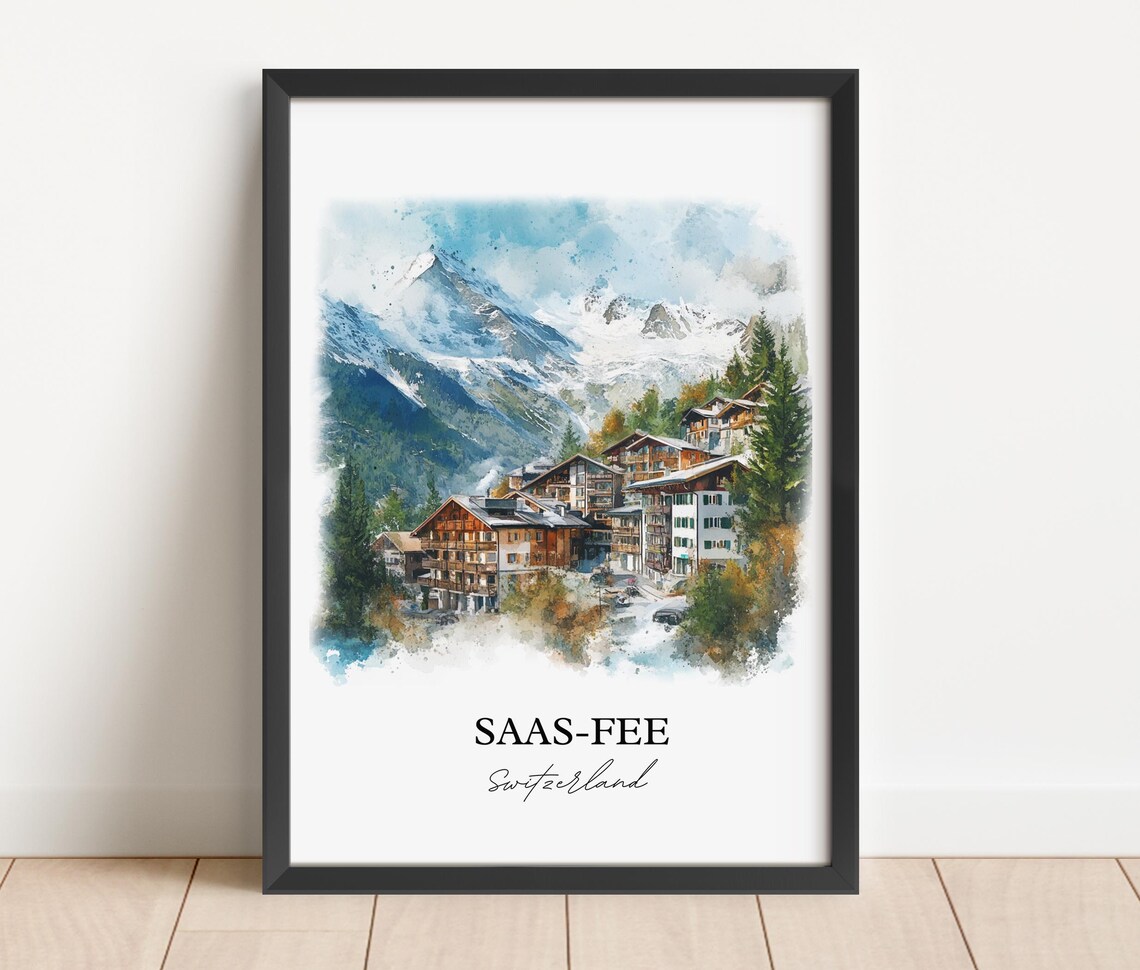 Saas-Fee Switzerland Alpine Village Watercolor Mountain Travel Poster - Image 2