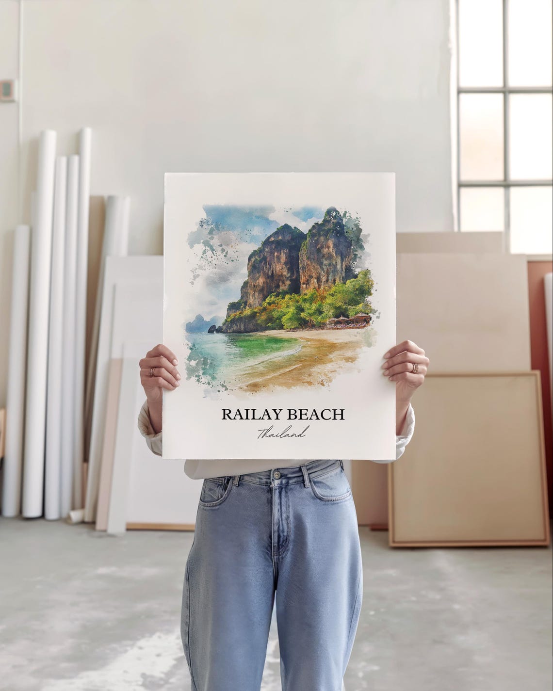 Railay Beach Thailand Watercolor Limestone Cliffs Bay Art Poster - Image 6