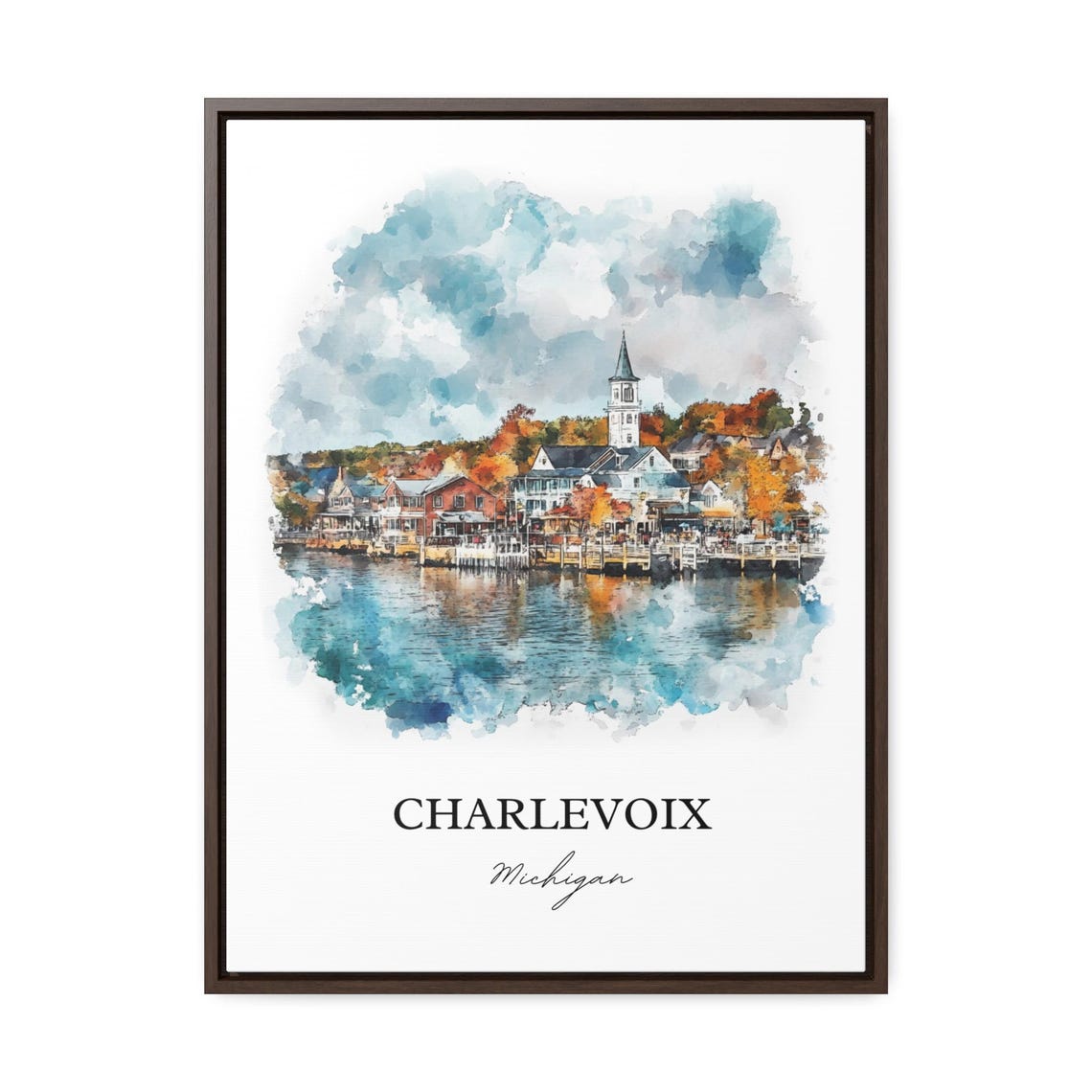 Charlevoix Michigan Harbor Town Autumn Watercolor Coastal Poster - Image 2
