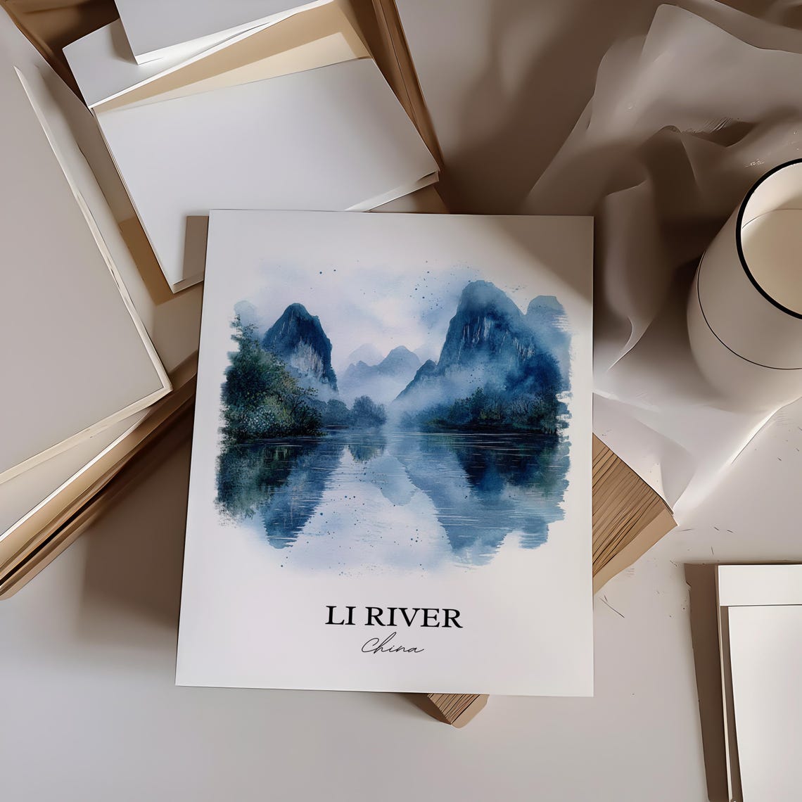 Li River China Karst Mountains Mist Watercolor Travel Poster - Image 5