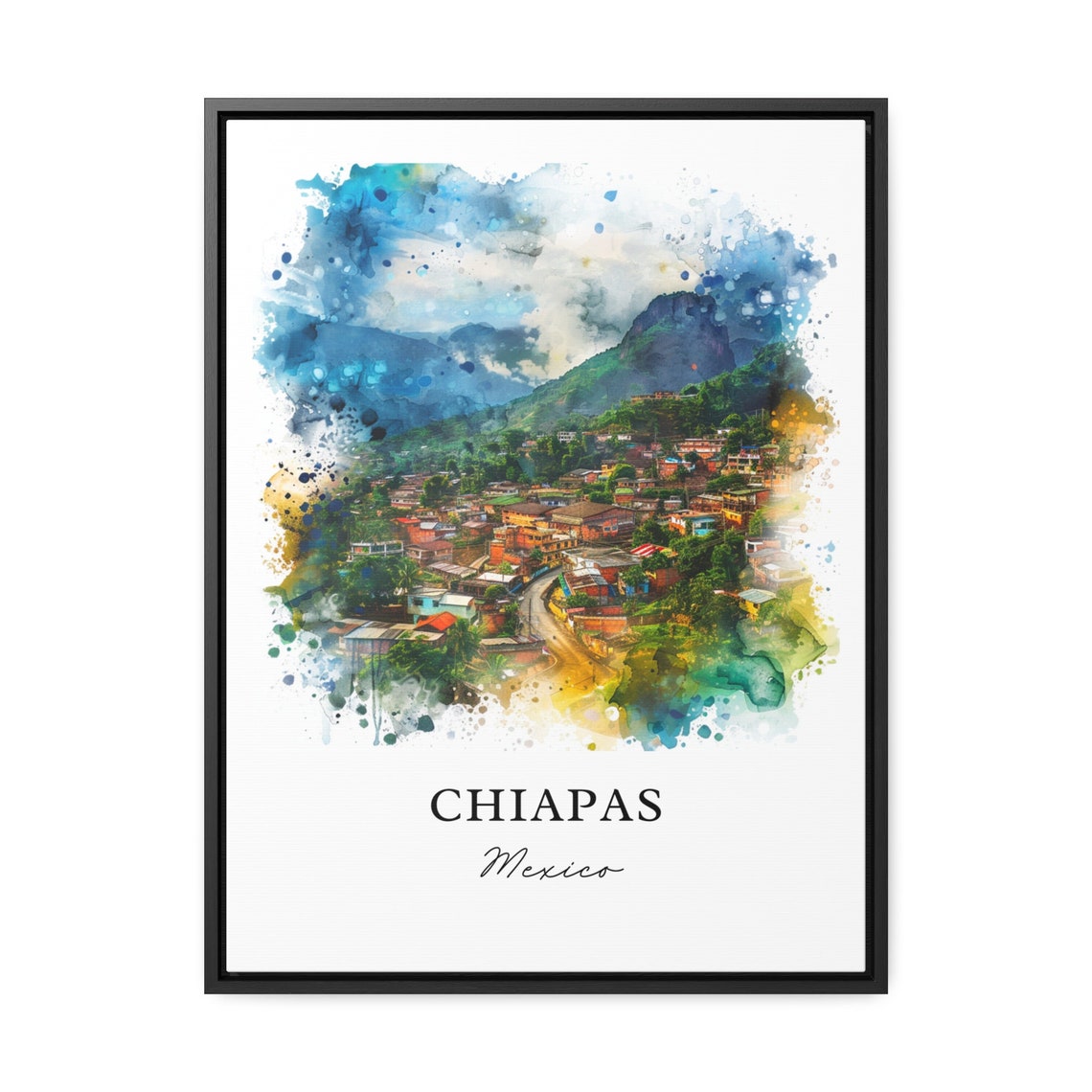 Chiapas Mexico Watercolor Mountain Village Town Hillside Poster
