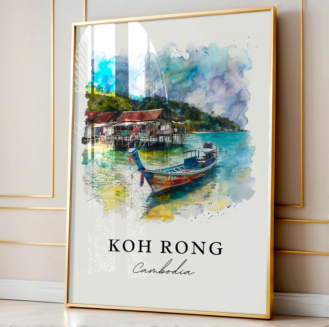 Koh Rong Cambodia Watercolor Stilt Houses Island Boat Art Poster - Image 4