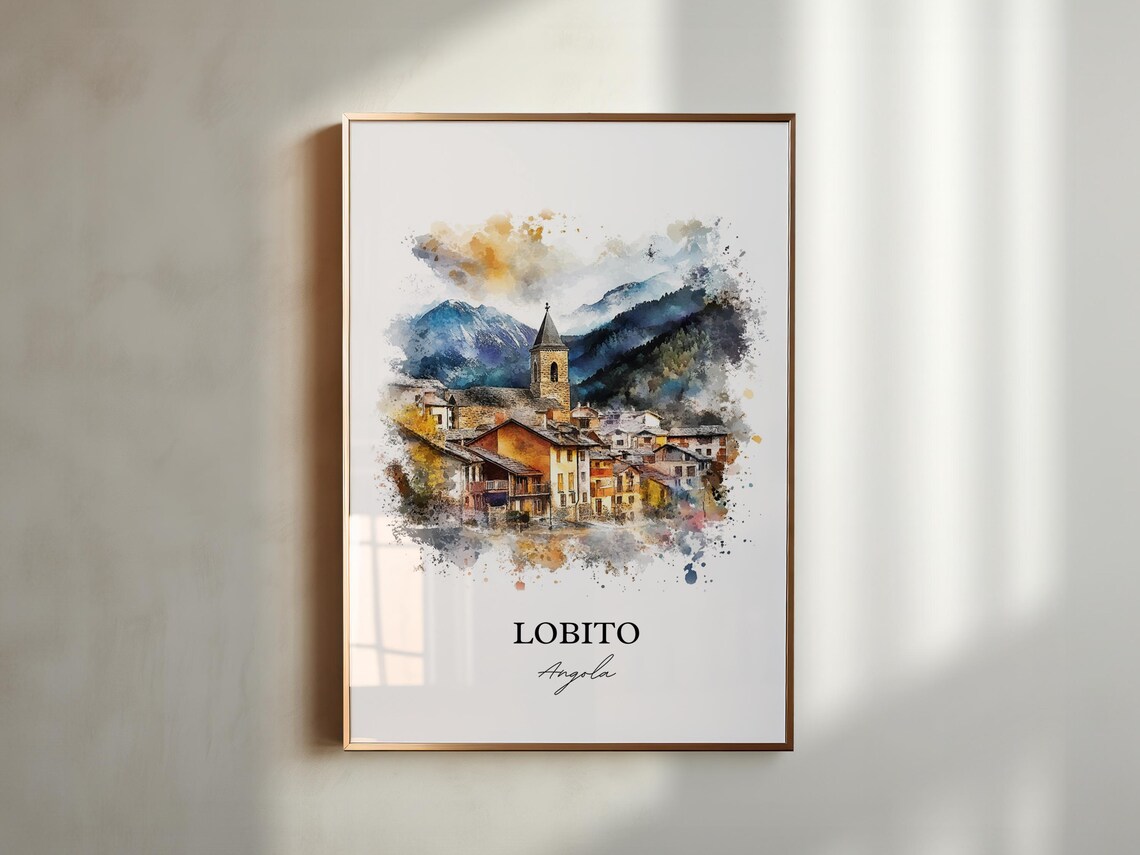 Lobito Angola Mountain Village Church Watercolor Travel Poster - Image 2