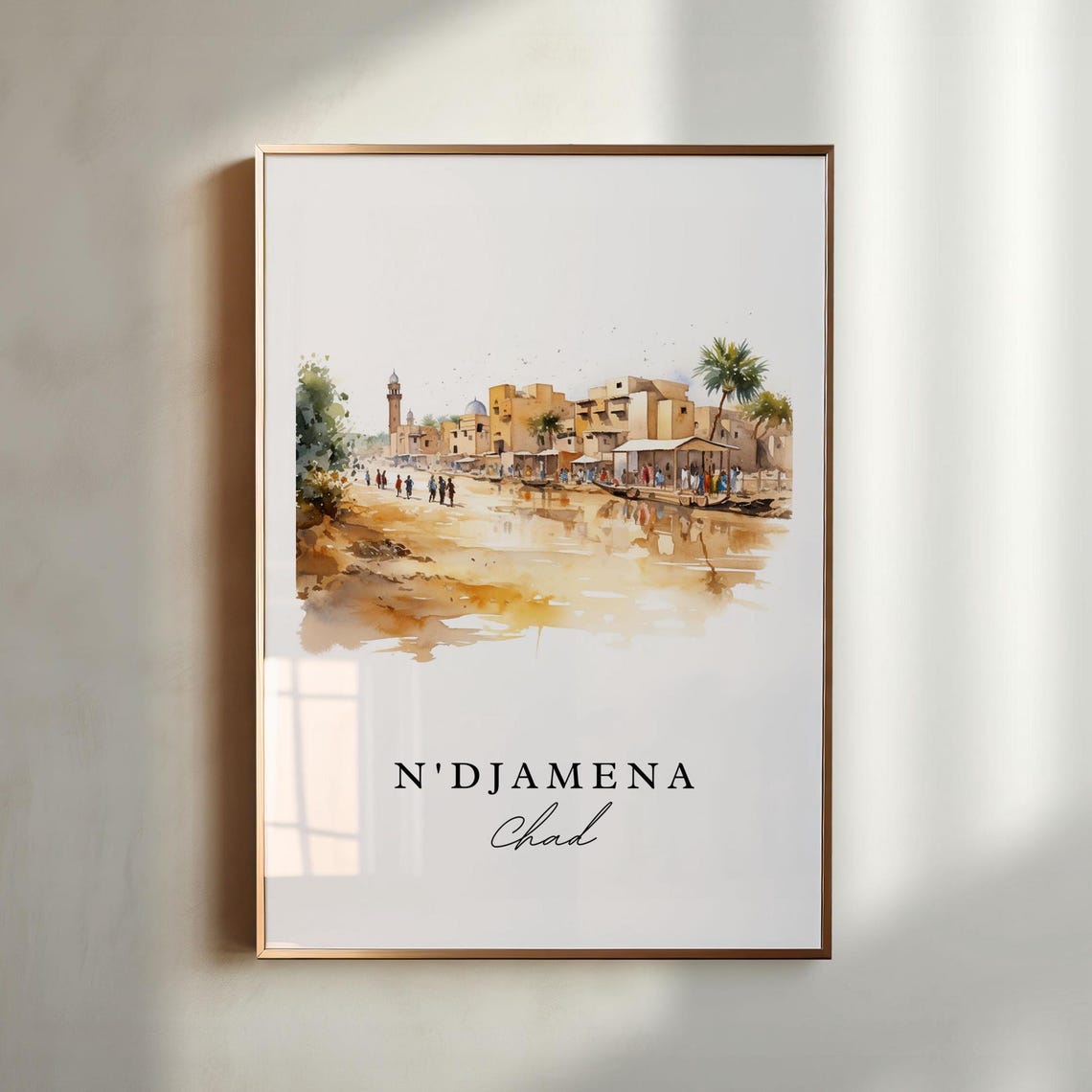 N'Djamena Chad Riverside Watercolor Town Scene Travel Poster