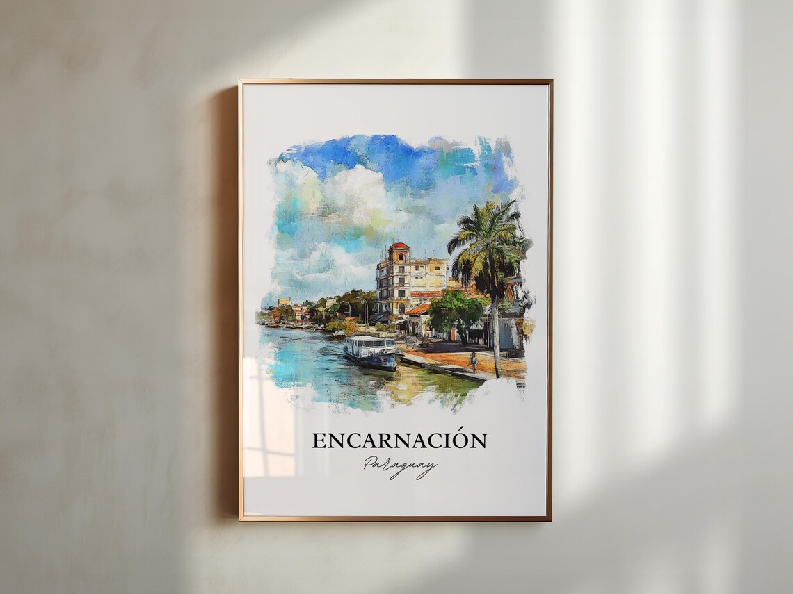 Encarnación Paraguay Watercolor Riverfront Boat Palms Poster - Image 6