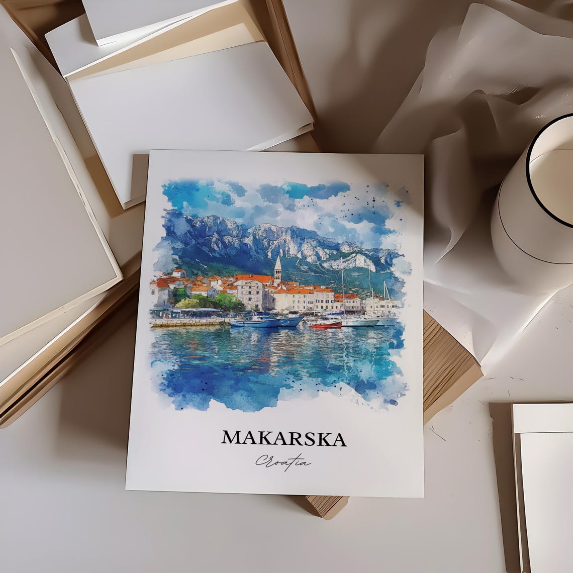 Makarska Croatia Harbor and Mountain Coastline Watercolor Poster - Image 4