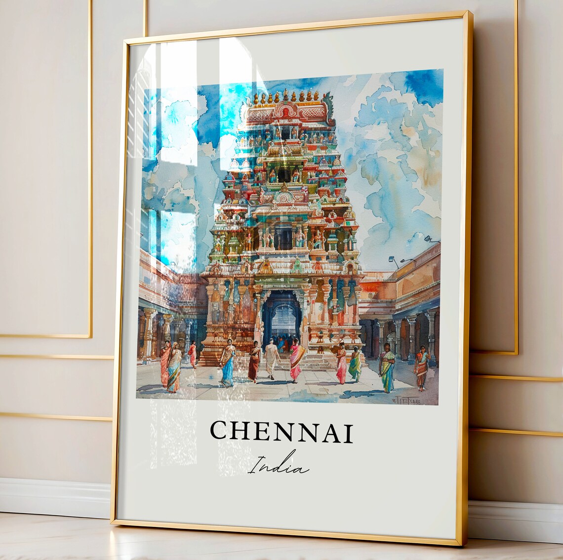 Chennai India Colorful Temple Gopuram Watercolor Travel Poster - Image 4