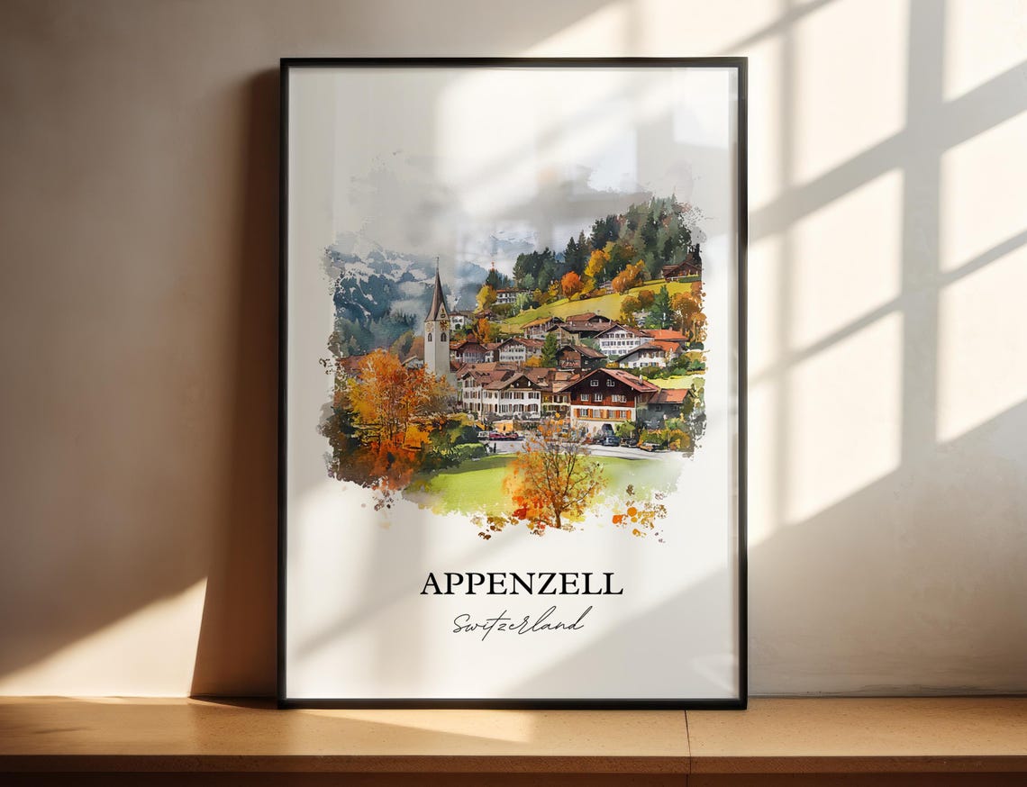 Appenzell Switzerland Autumn Hills Church Watercolor Village Poster