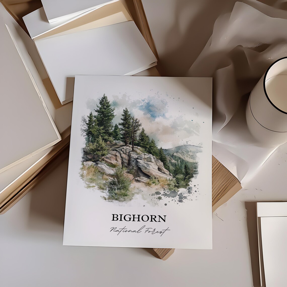 Bighorn National Forest Rocky Ridge Watercolor Mountain Poster - Image 2