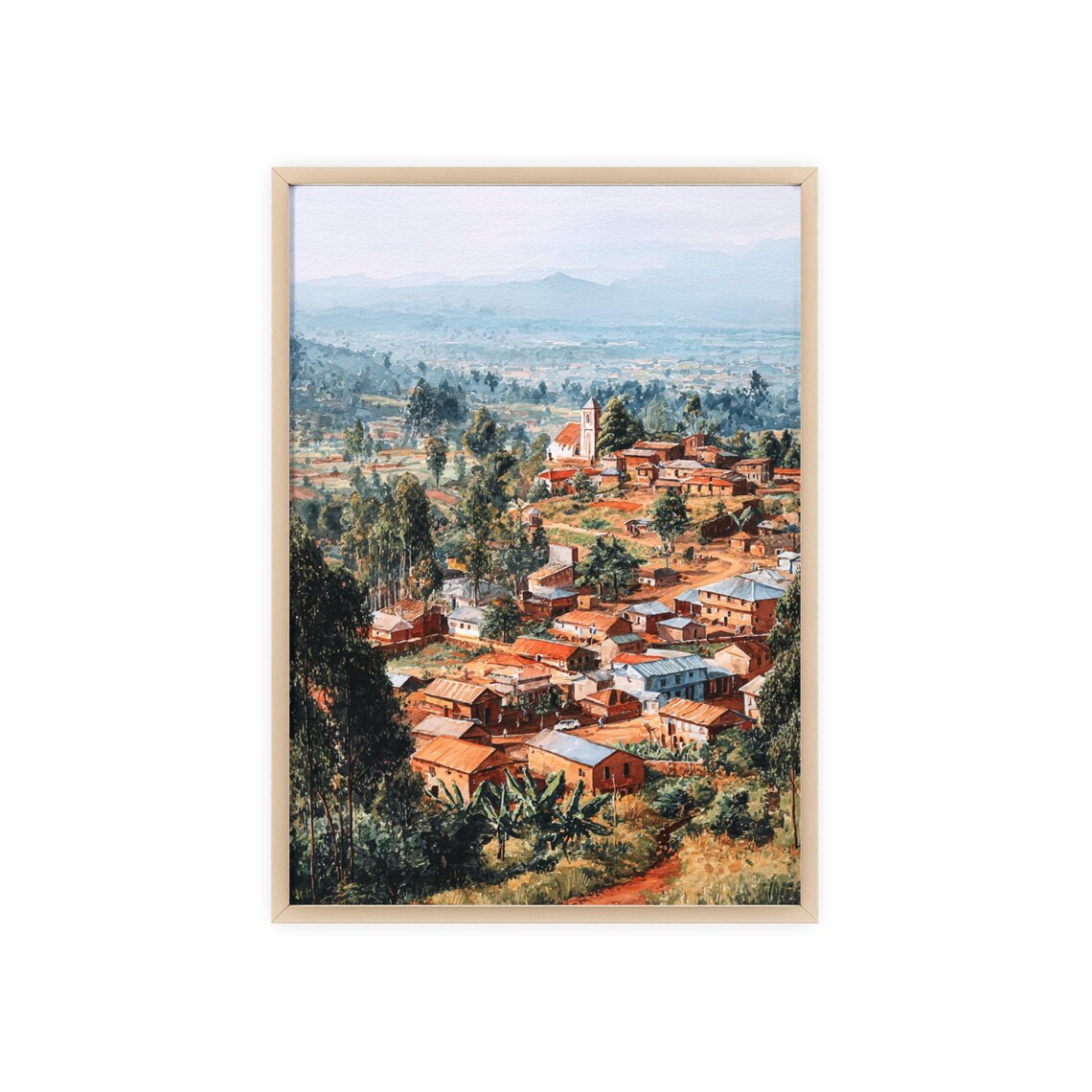 Gitega Burundi African Hillside Town Church Watercolor Poster