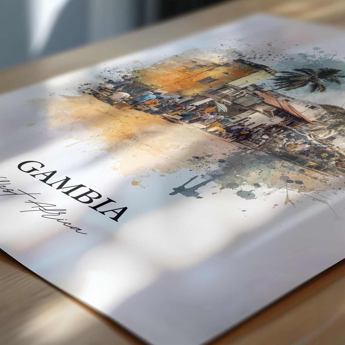 Gambia West Africa Palm Lined Market Street Watercolor Poster - Image 6