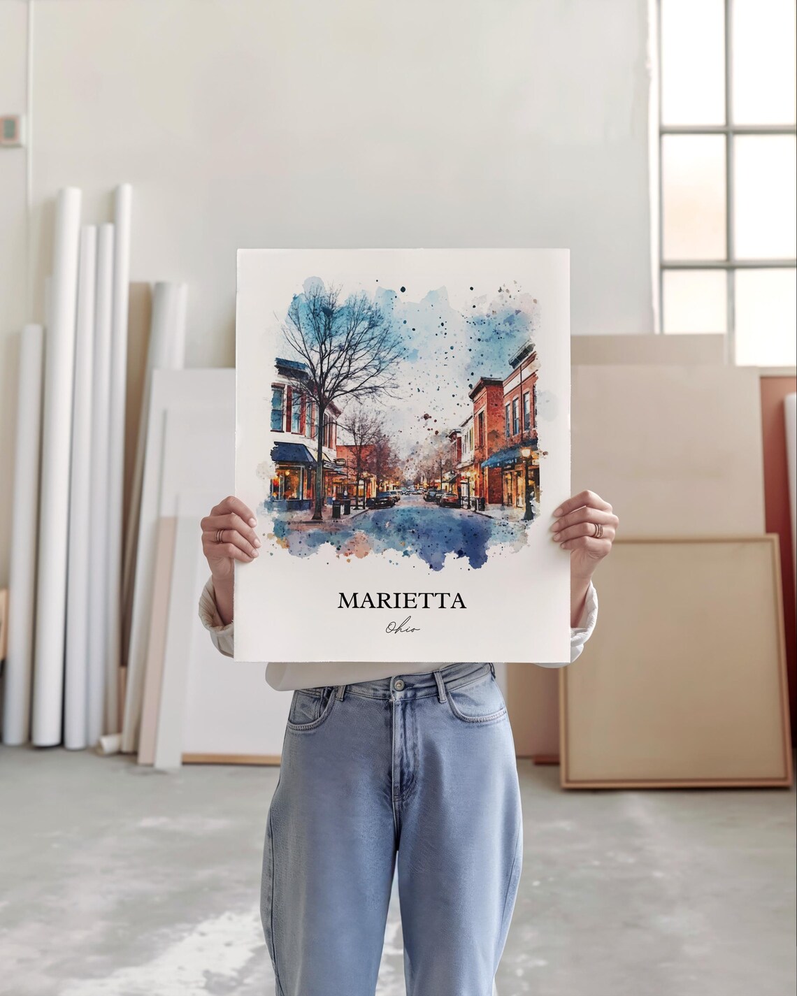 Marietta Ohio Watercolor Evening Downtown Main Street Poster - Image 4