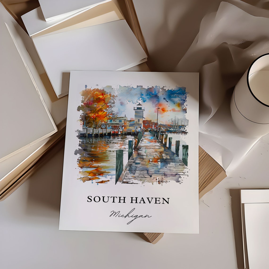 South Haven Michigan Lighthouse Pier Watercolor Harbor Poster - Image 6