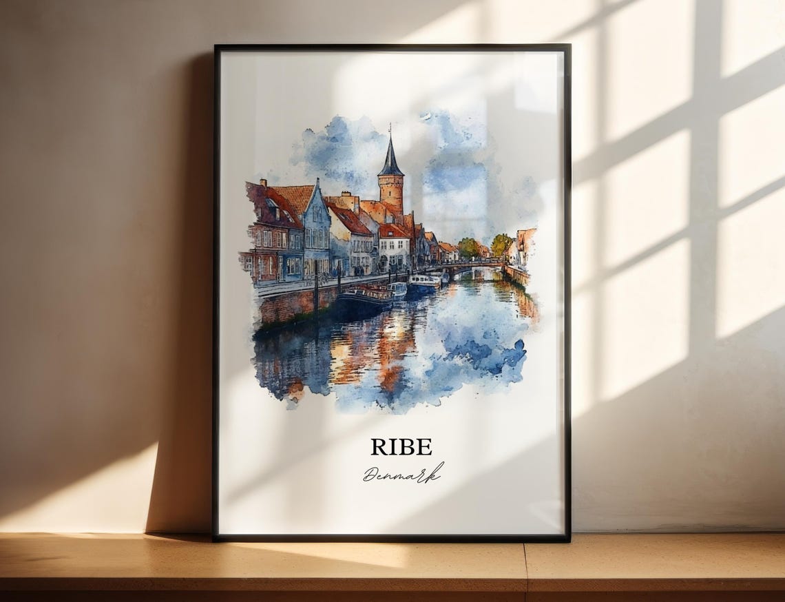 Ribe Denmark Old Town Canal and Church Tower Watercolor Poster