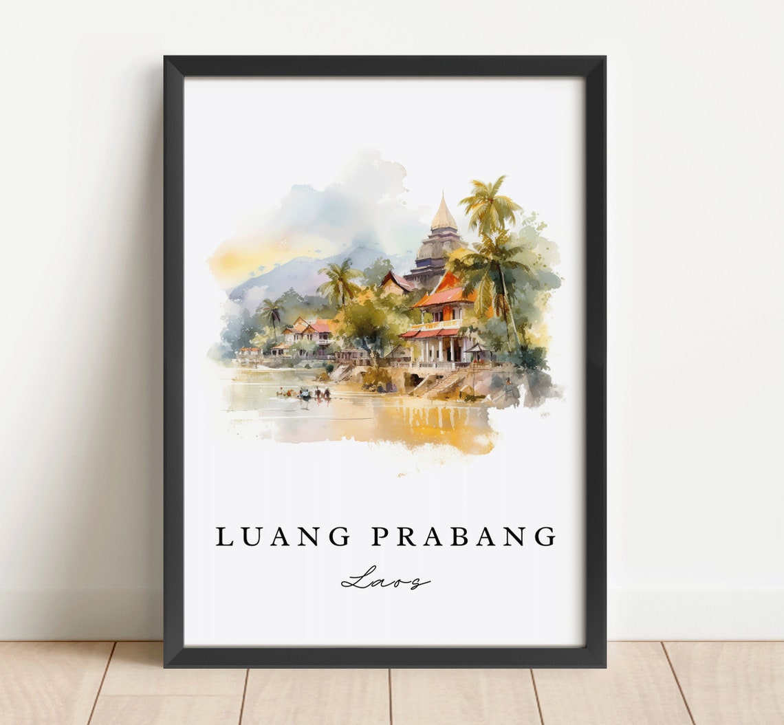 Luang Prabang Laos Watercolor Art Riverside Temples Palms Poster