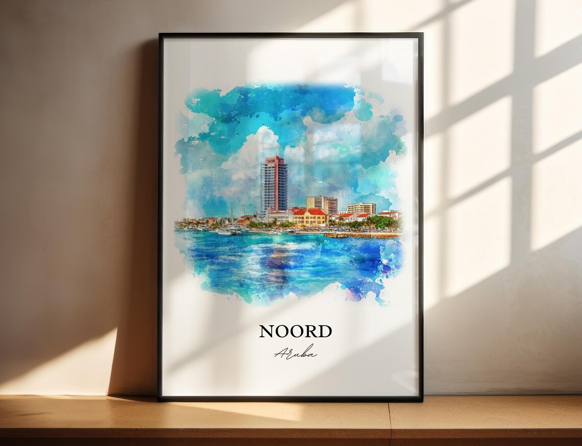 Noord Aruba Watercolor Coastal City Skyline Sea View Art Poster