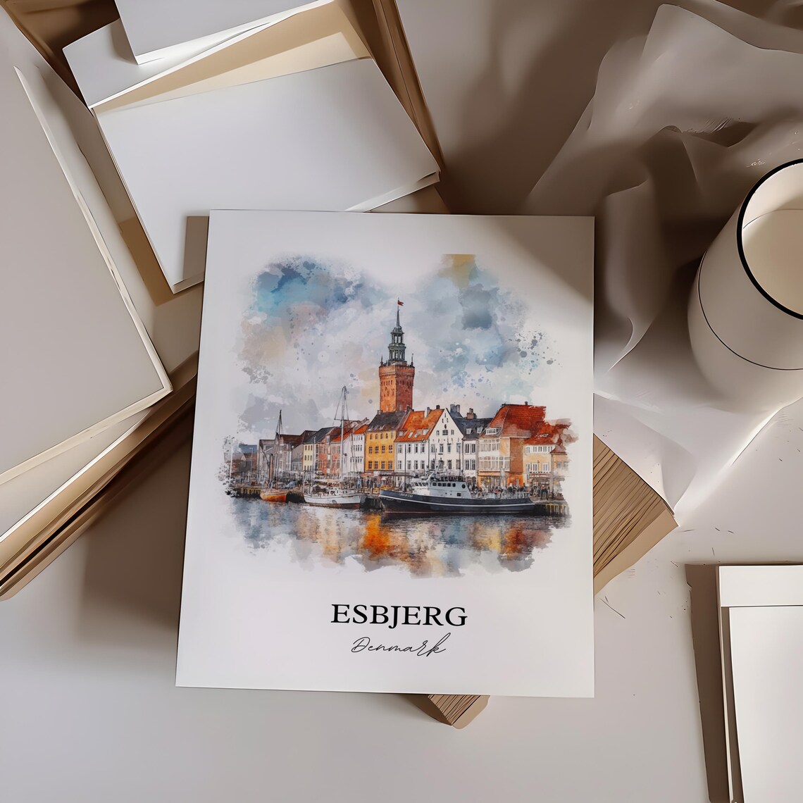 Esbjerg Denmark Harbor and Historic Church Tower Watercolor Poster - Image 3