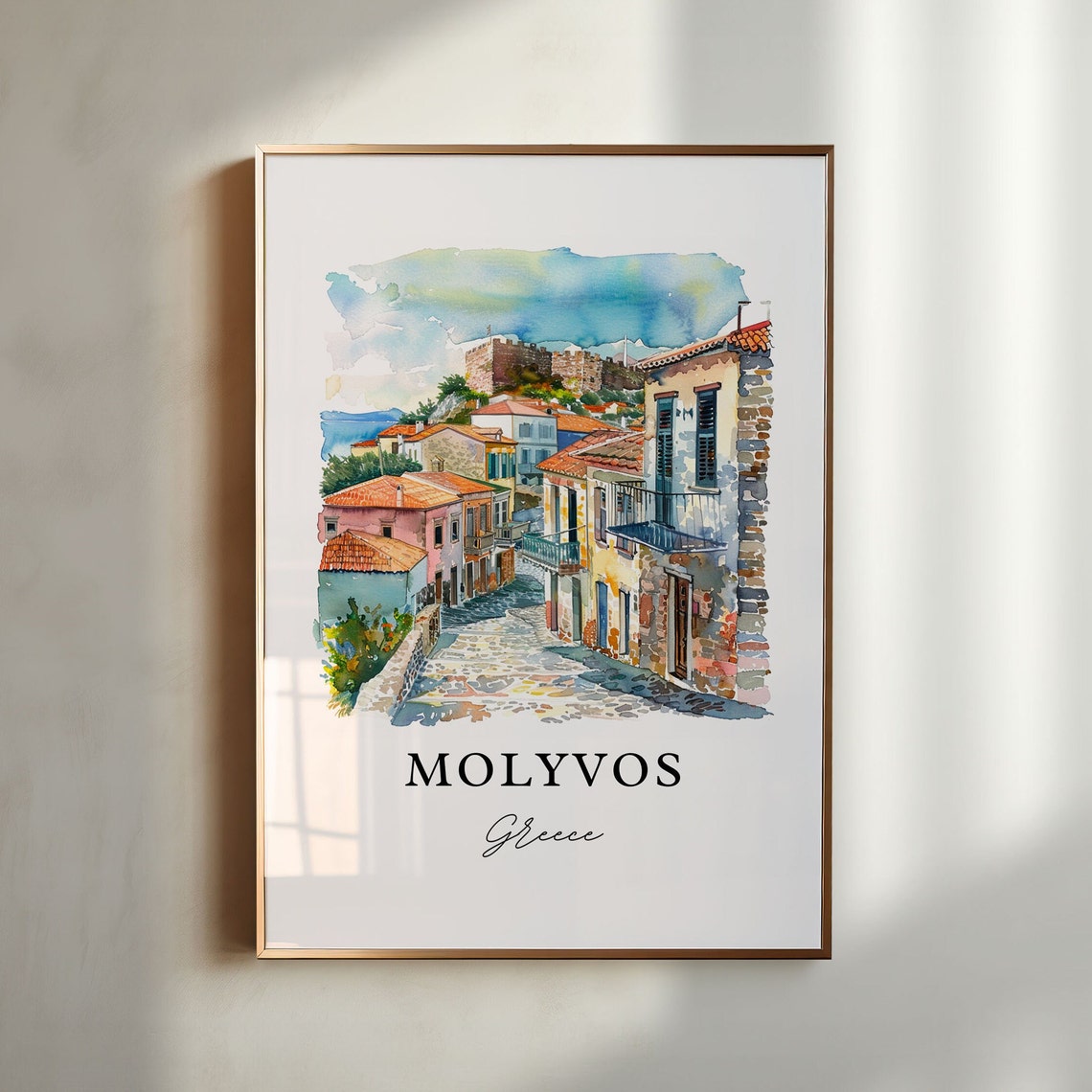 Molyvos Greece Cobblestone Street Castle Watercolor Village Poster