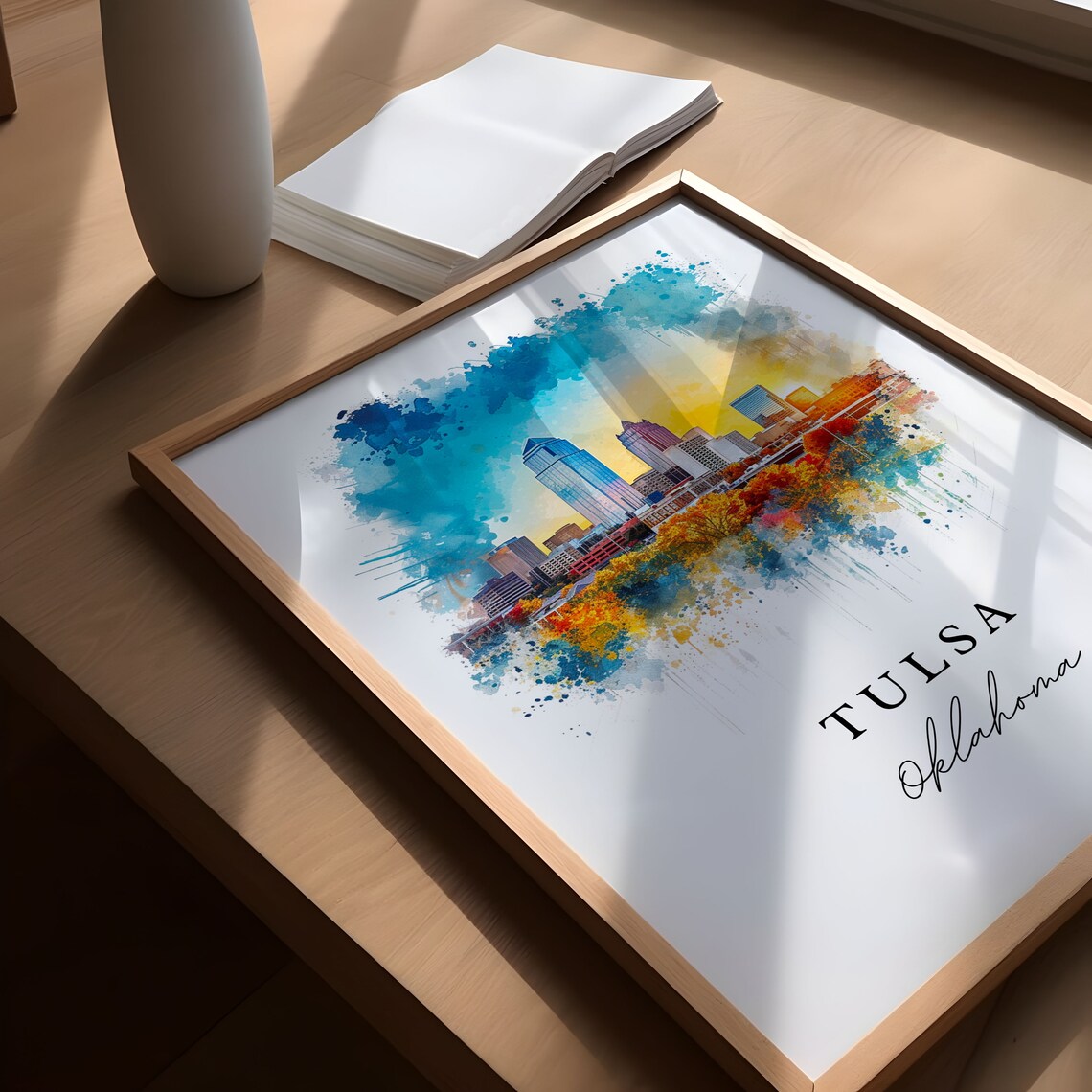 Tulsa Oklahoma Downtown Skyline Sunset Cityscape Watercolor Poster - Image 5