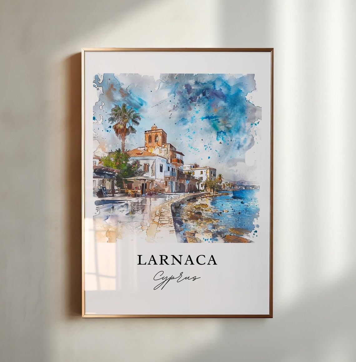 Larnaca Cyprus Sunny Seafront Promenade Watercolor Travel Poster