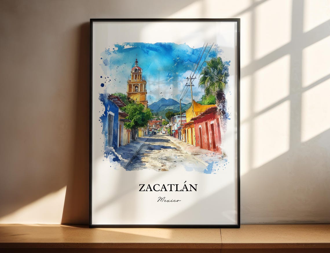 Zacatlan Mexico Watercolor Cobblestone Street Church Tower Poster