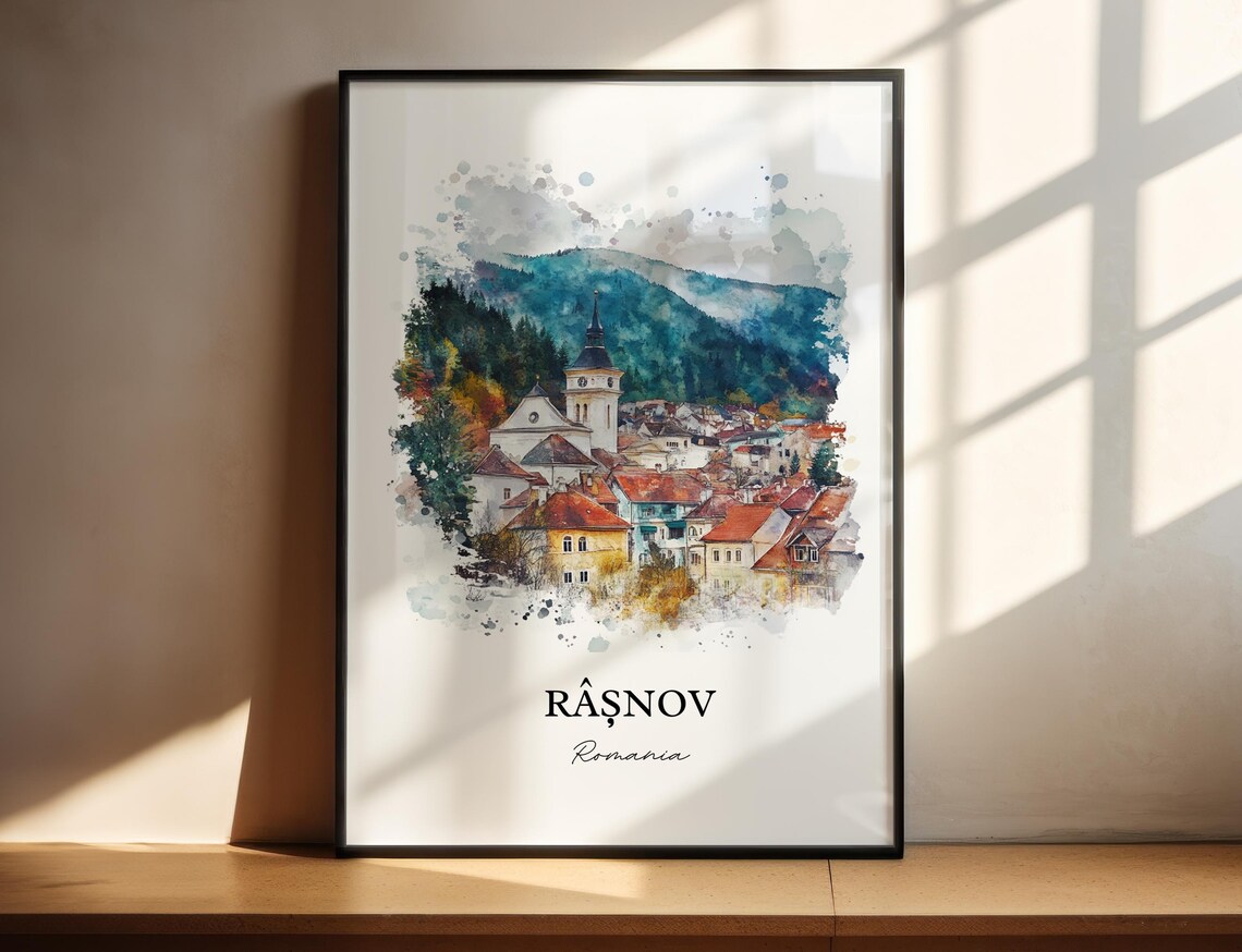 Rasnov Romania Watercolor Mountain Town Church Red Roofs View Poster