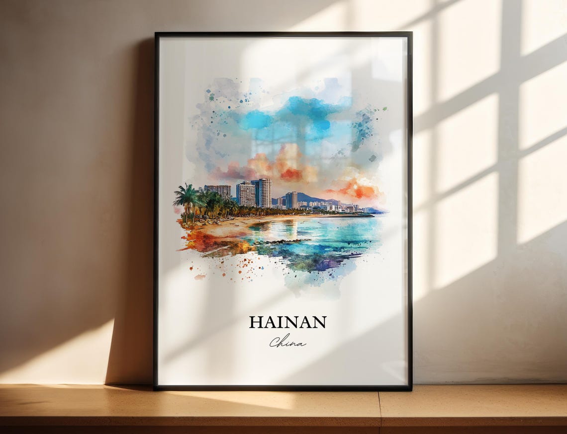 Hainan China Watercolor Beach Skyline Tropical Sunset Poster