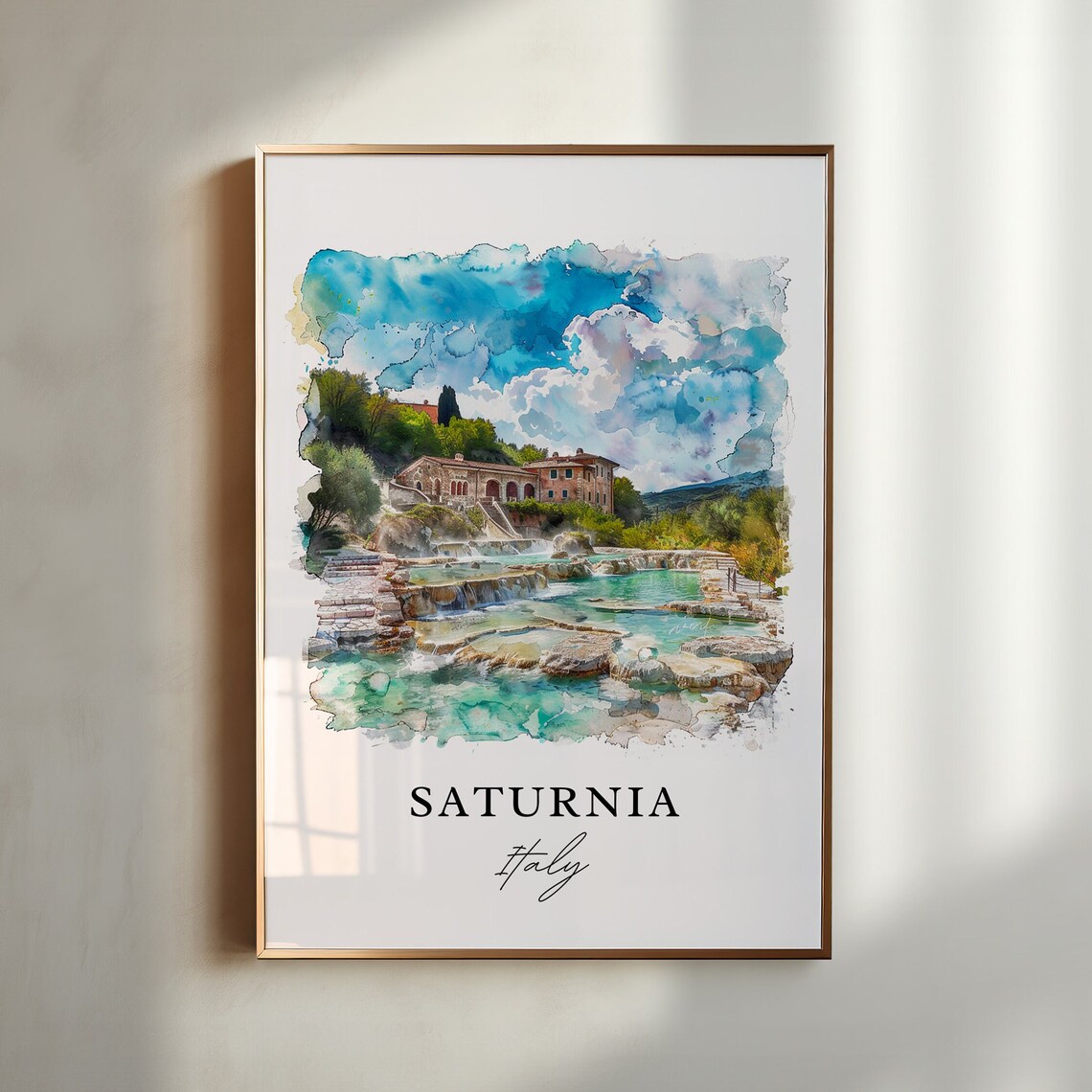 Saturnia Italy Watercolor Thermal Springs Travertine Pools Poster