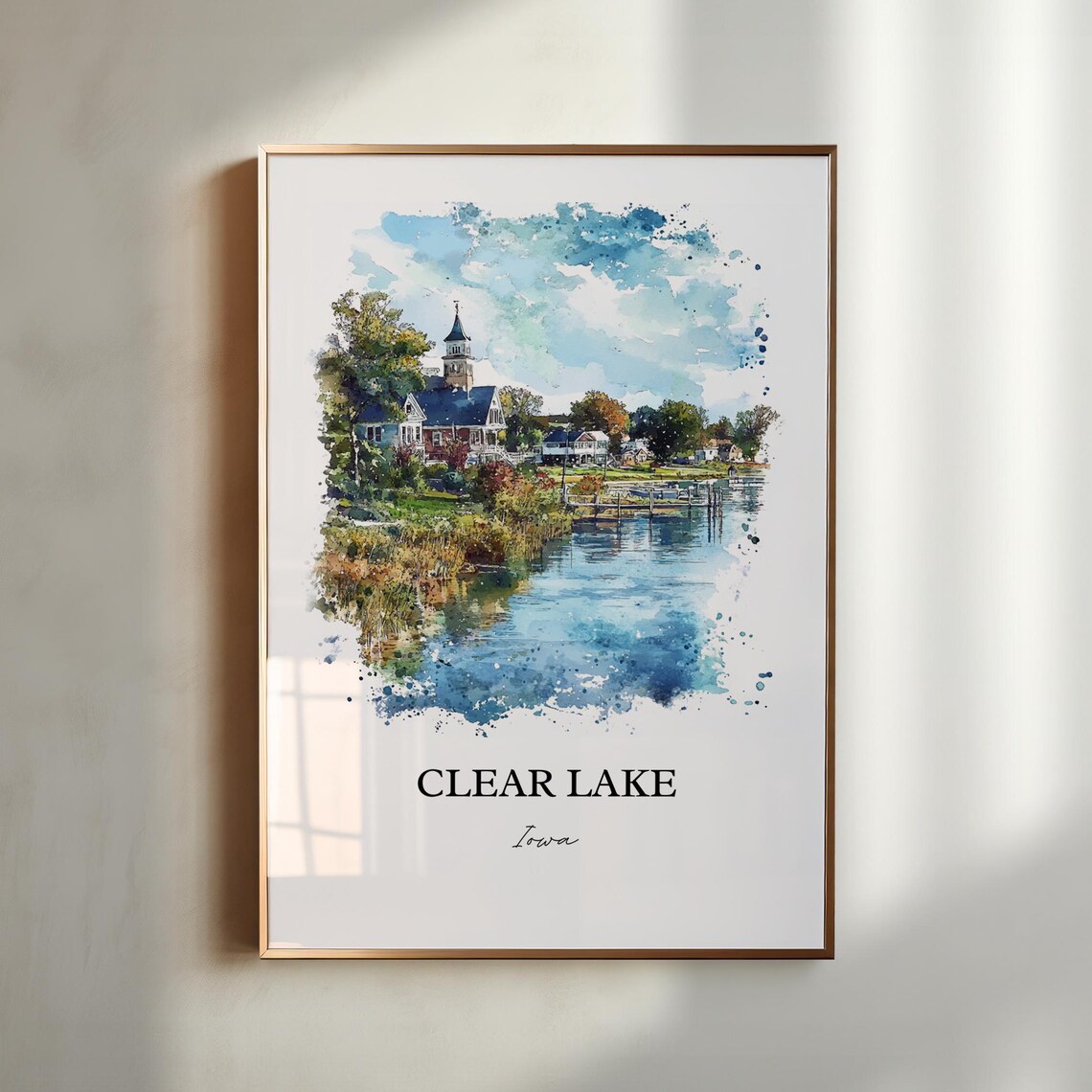 Clear Lake Iowa Watercolor Travel Poster, Cerro Gordo County