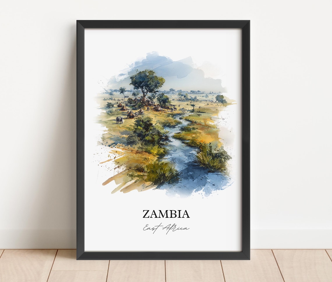 Zambia East Africa River Savanna Wildlife Watercolor Travel Poster - Image 2