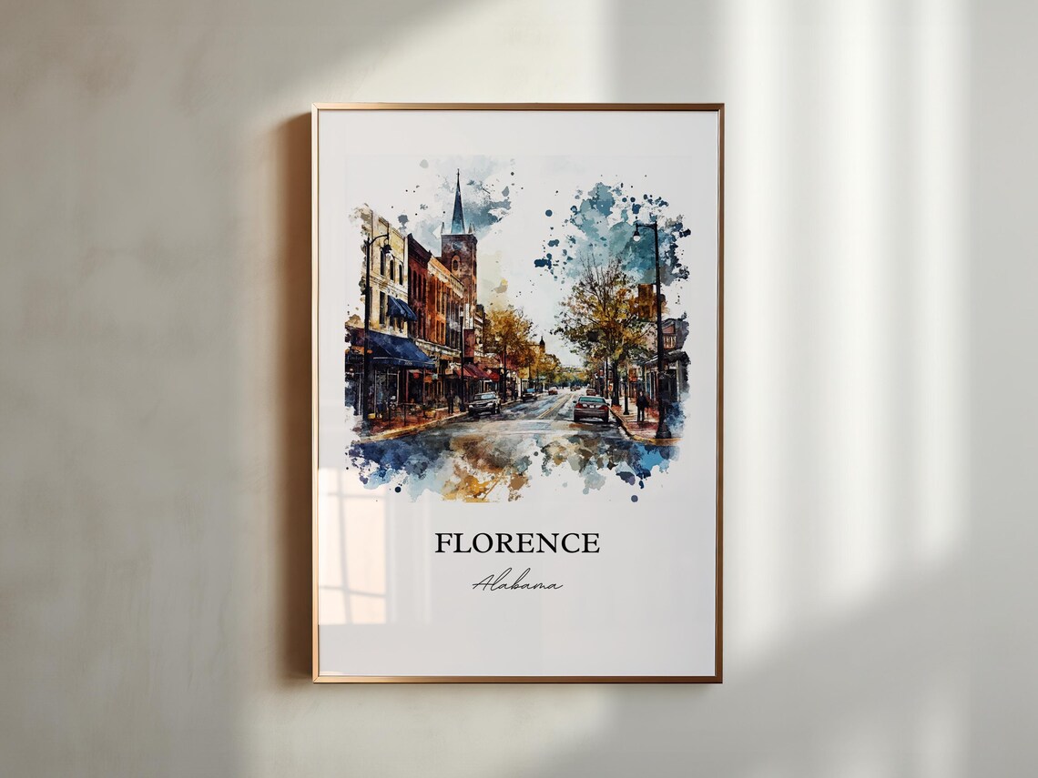 Florence Alabama Downtown Streetscape Church Steeple Watercolor Poster - Image 3