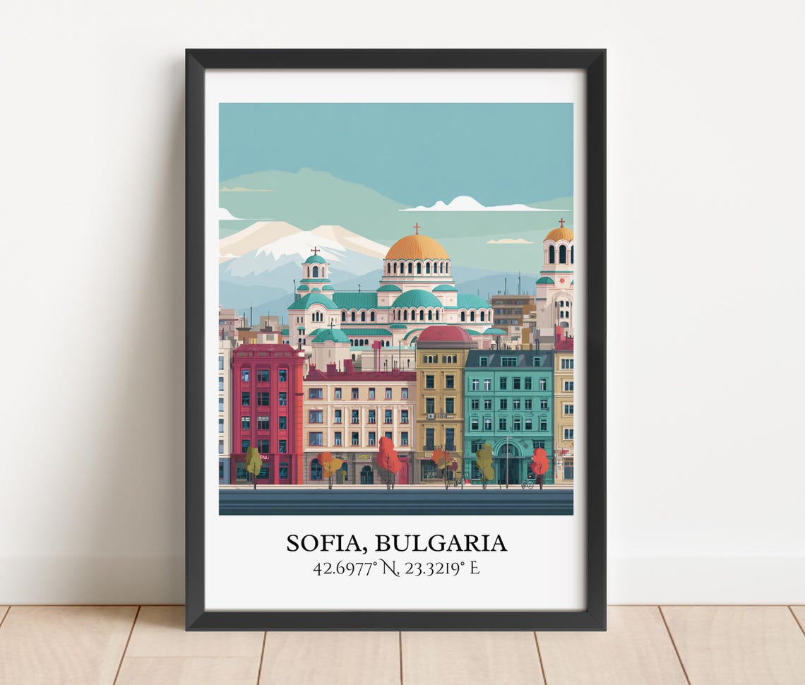 Sofia Bulgaria Cathedral Domes Mountain Backdrop Travel Poster