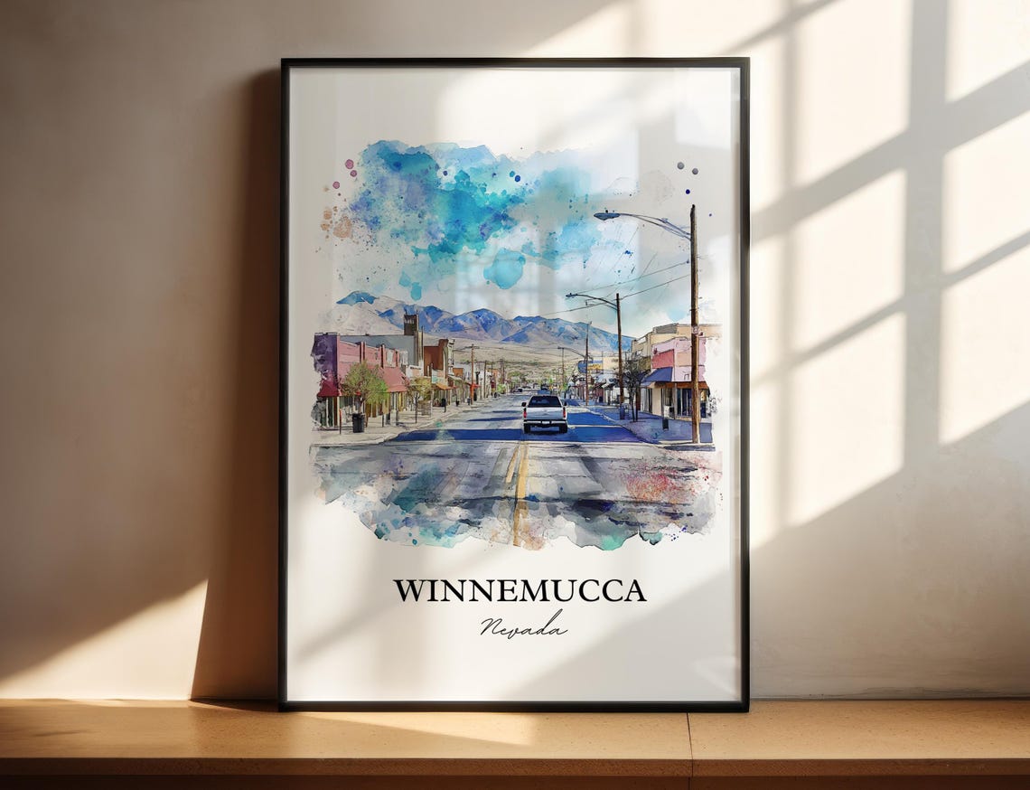 Winnemucca Nevada Main Street Mountain Watercolor Travel Poster