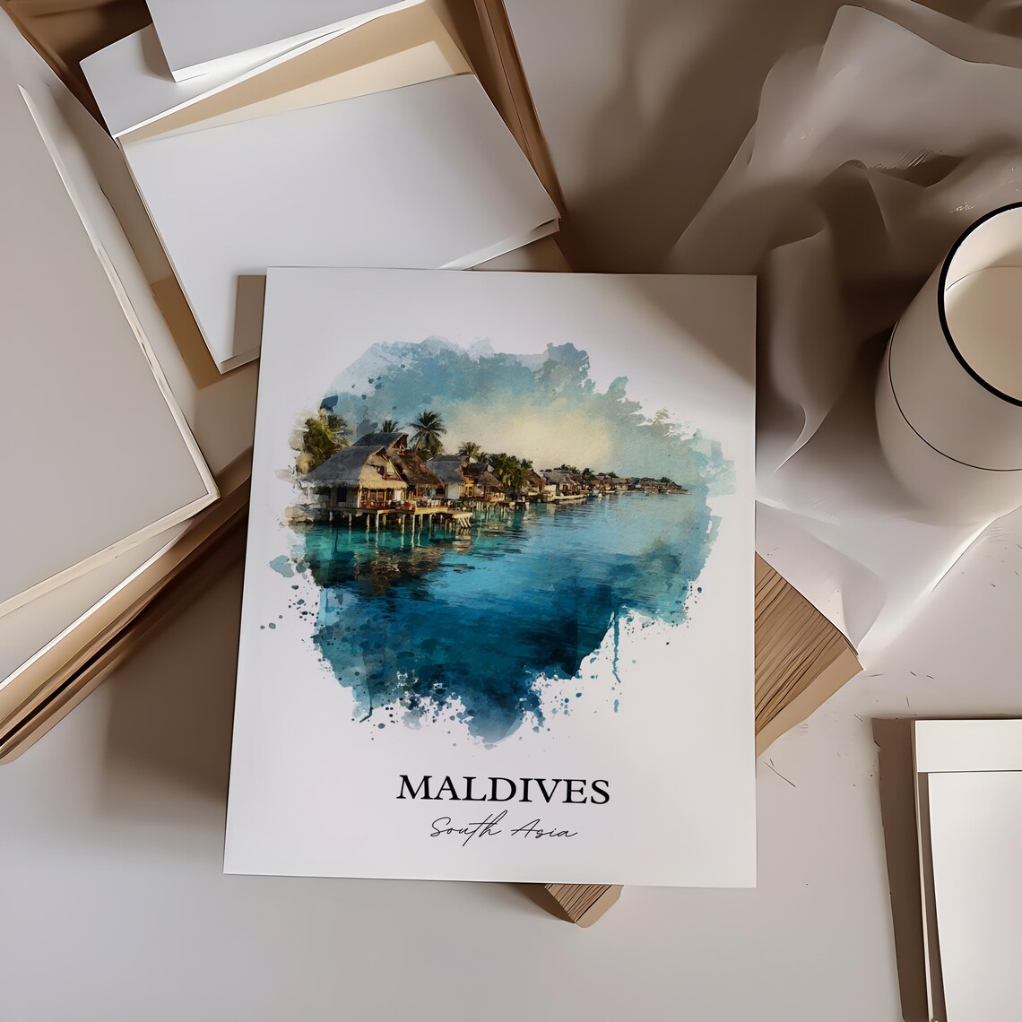 Maldives South Asia Overwater Bungalows Lagoon Watercolor Poster - Image 3