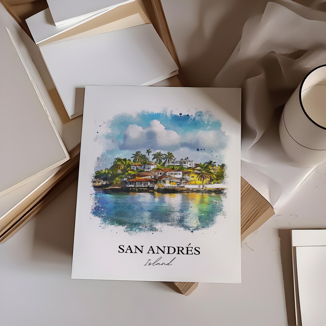 San Andres Island Caribbean Palm Houses Watercolor Travel Poster - Image 3