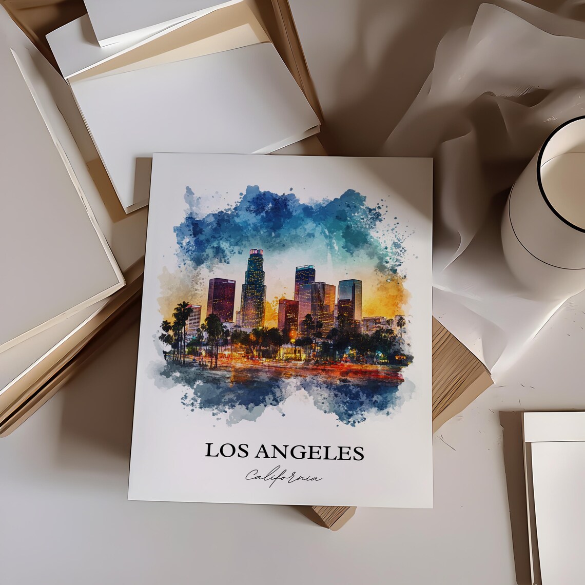 Los Angeles California Sunset Skyline Watercolor Travel Poster - Image 3