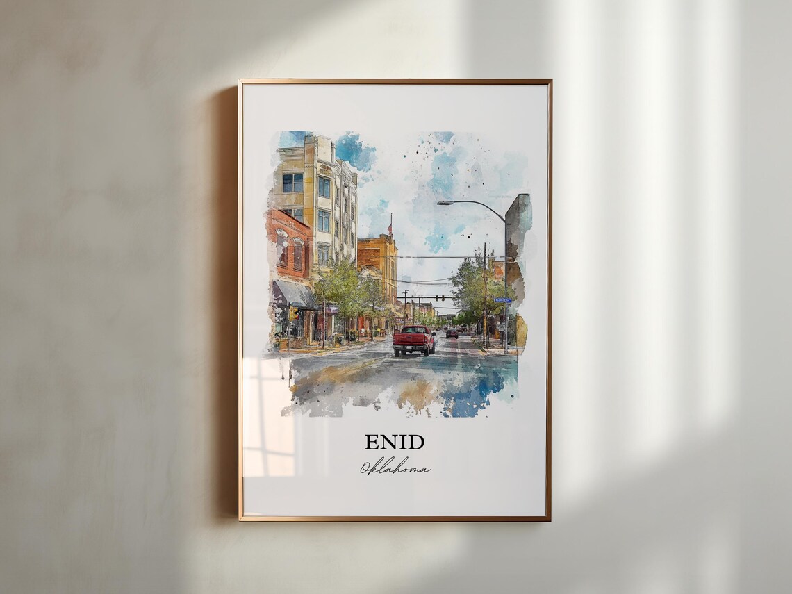 Enid Oklahoma Historic Downtown Watercolor Street Art Poster - Image 2