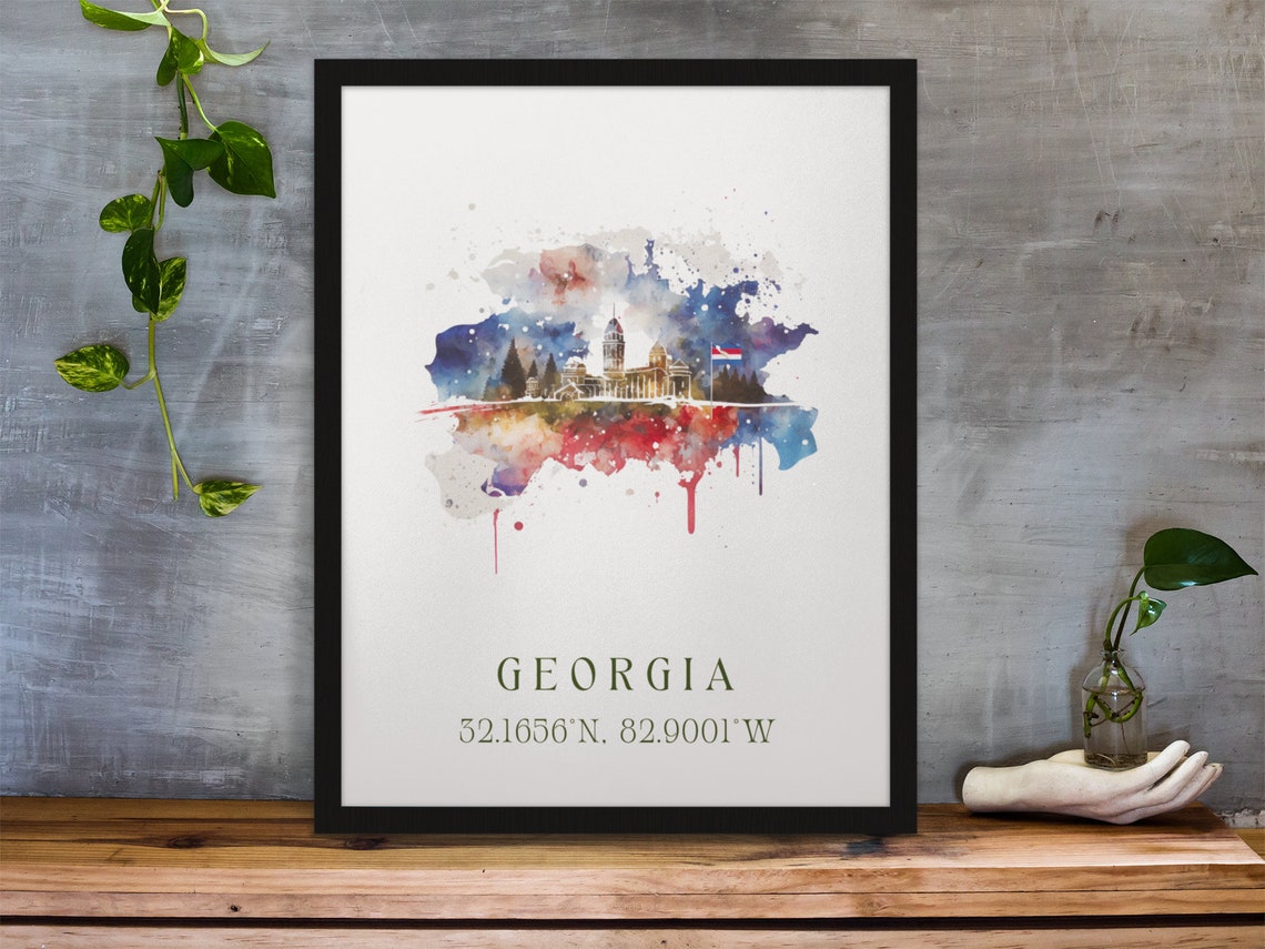 Georgia USA State Coordinates Watercolor Splash Map Art Poster