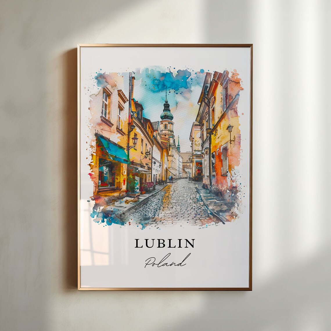 Lublin Poland Old Town Cobblestone Street Watercolor Travel Poster