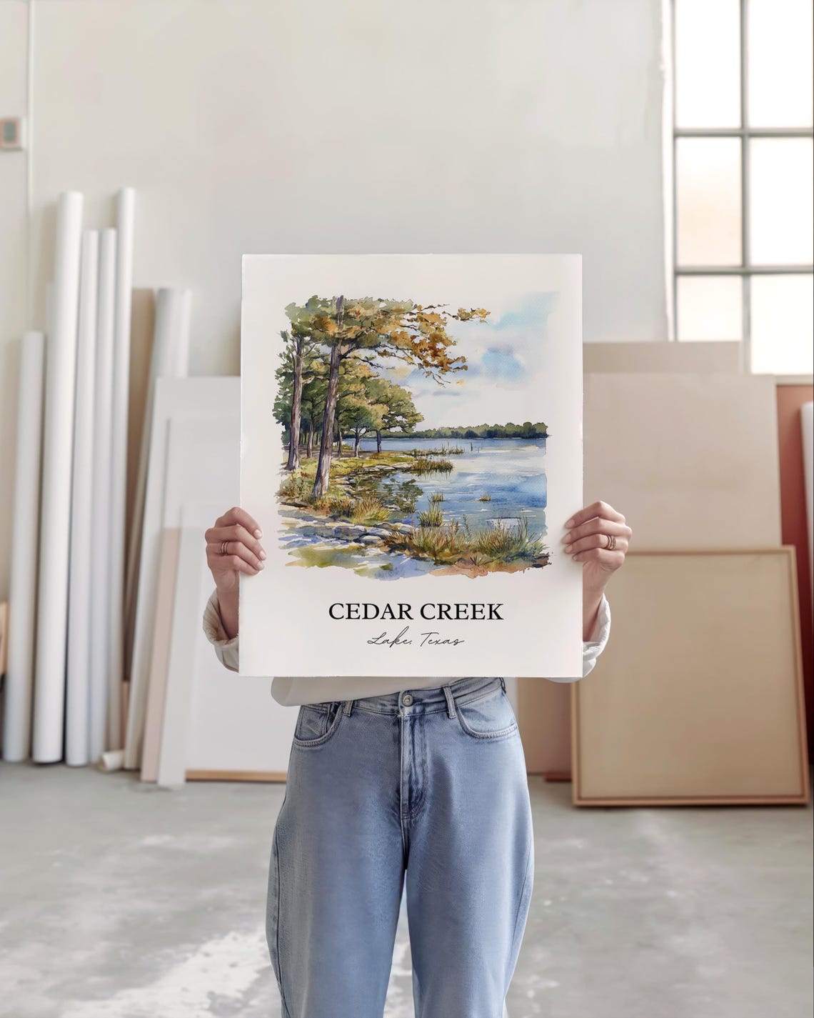 Cedar Creek Lake Texas Pine Shoreline Scenic Watercolor Poster - Image 3