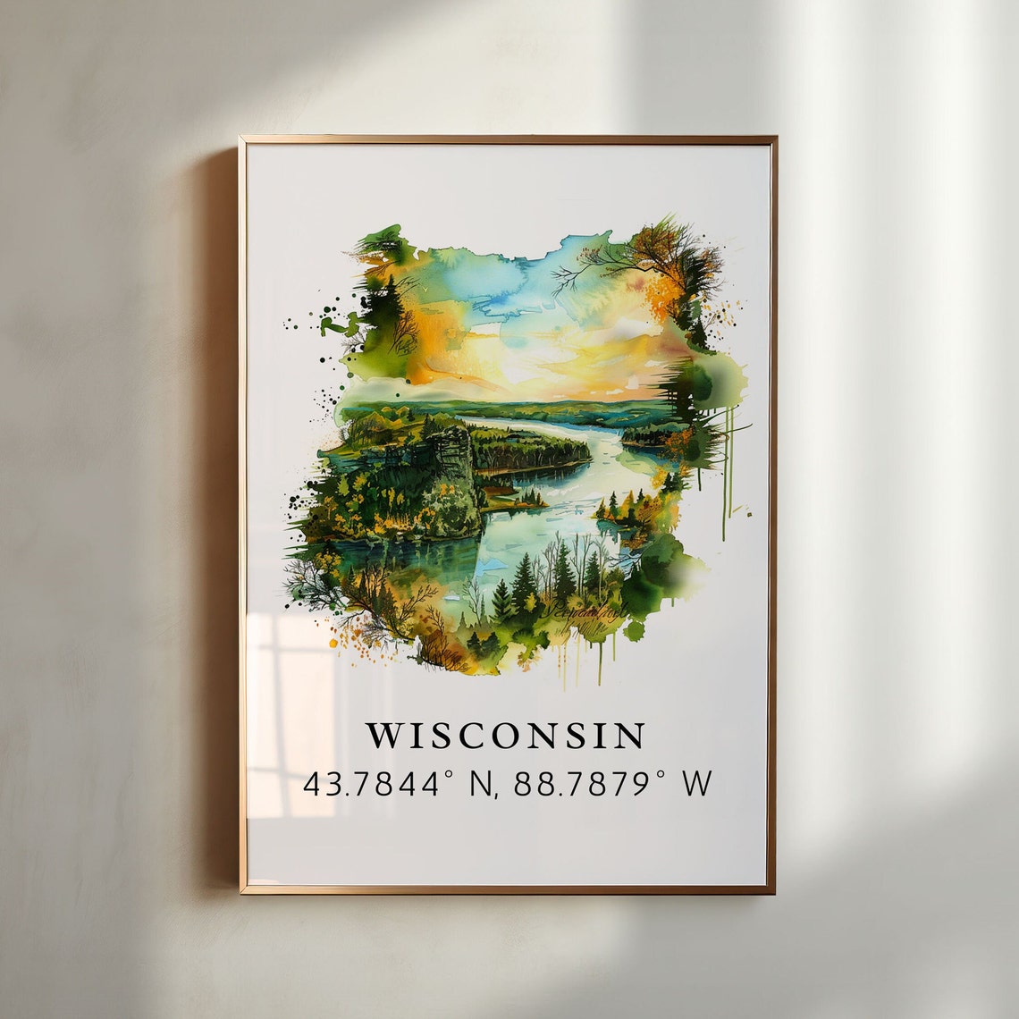 Wisconsin Coordinates State Watercolor Forest Lake Landscape Poster