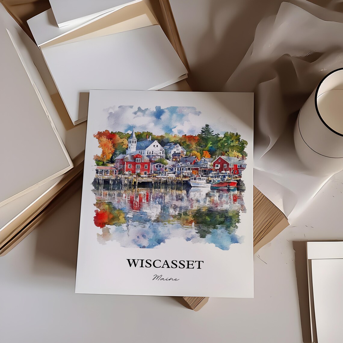 Wiscasset Maine Harbor Fishing Village Autumn Watercolor Travel Poster - Image 5